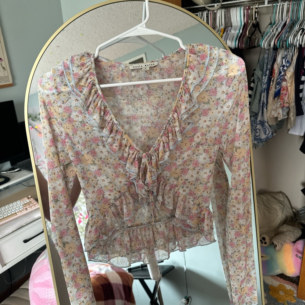 Pink Cream Ruffled Tie Front Long Sleeve Blouse